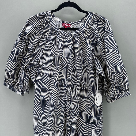 STAUD‎ Vincent Mini Dress Navy Tan Mosaic Puff Sleeve Button Front Womens XL NWT - Picture 3 of 12